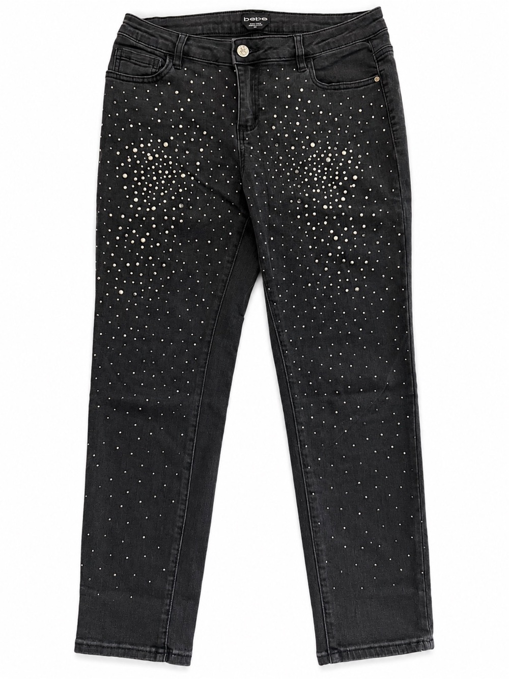 Bebe Size 31 Black Rhinestone Embellished Straight Leg Jeans